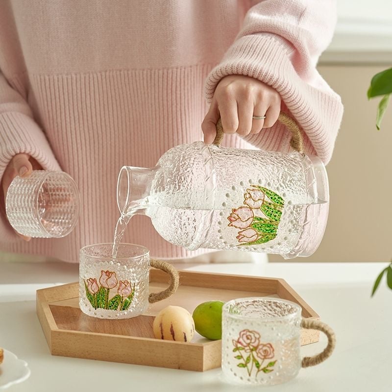 Γυάλινο σετ μπουκαλιού νερού και τσαγιέρα με κύπελλα, θερμοανθεκτικό, μεγάλης χωρητικότητας