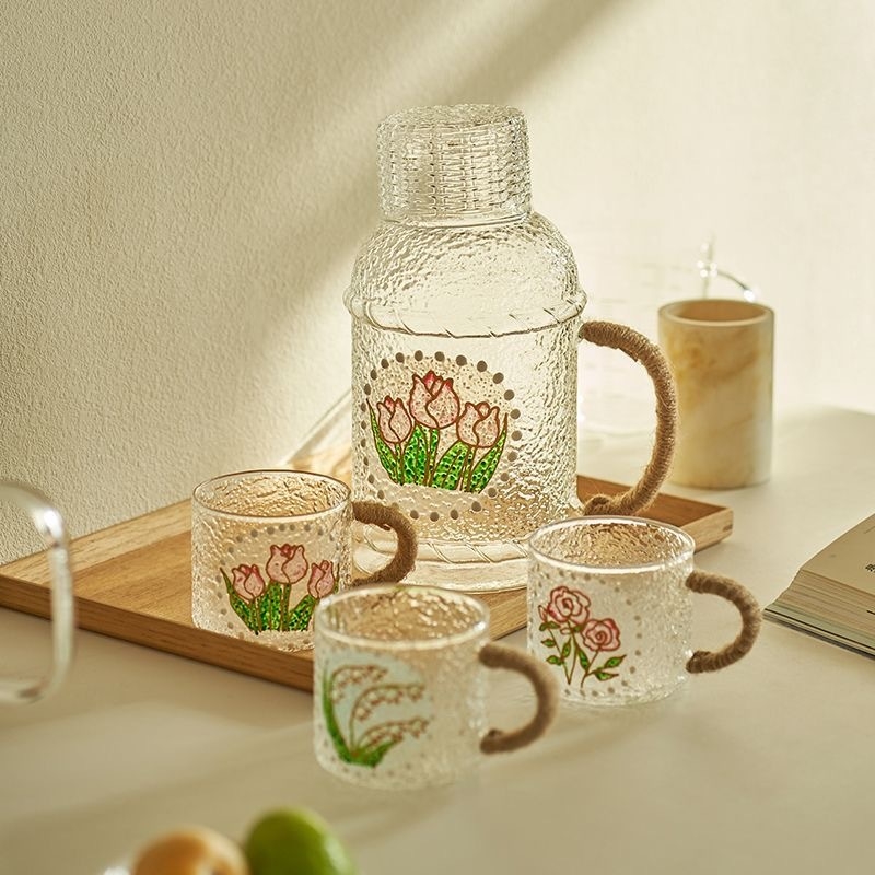 Γυάλινο σετ μπουκαλιού νερού και τσαγιέρα με κύπελλα, θερμοανθεκτικό, μεγάλης χωρητικότητας