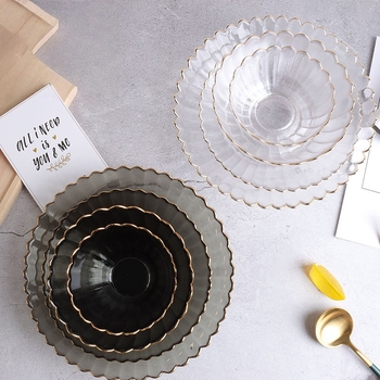 Set din sticlă pentru fructe și boluri pentru salată – rotund, design minimalist modern; diametre 10–11 cm, 13–14 cm și 18–19 cm; sticlă rezistentă la căldură