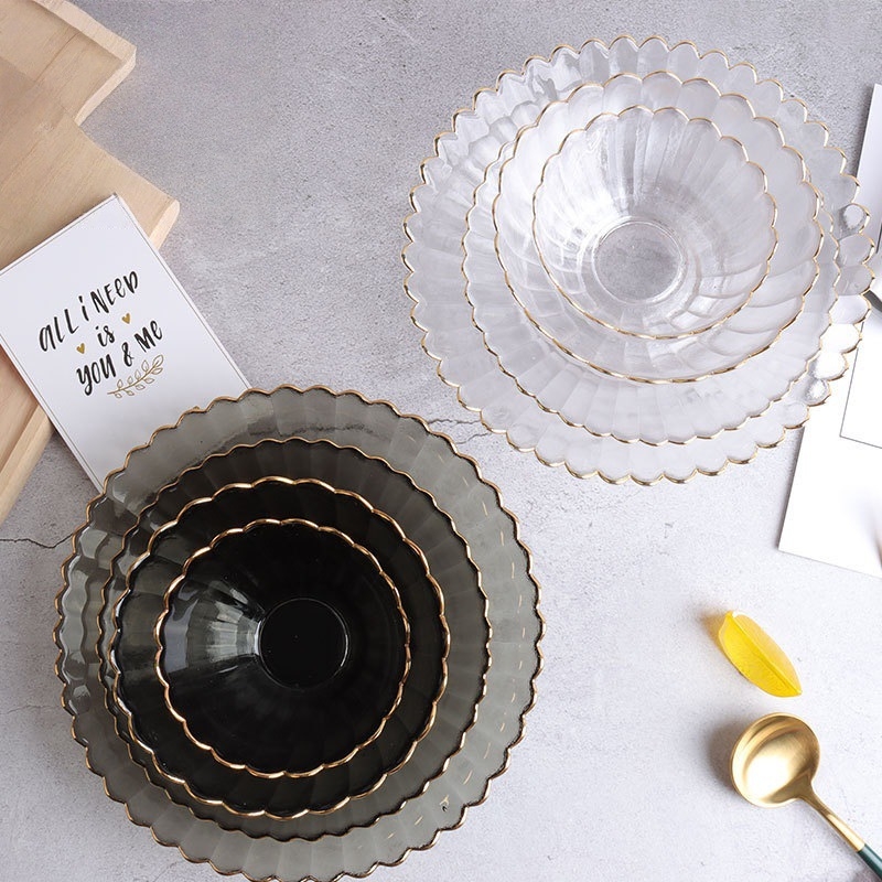 Set din sticlă pentru fructe și boluri pentru salată – rotund, design minimalist modern; diametre 10–11 cm, 13–14 cm și 18–19 cm; sticlă rezistentă la căldură