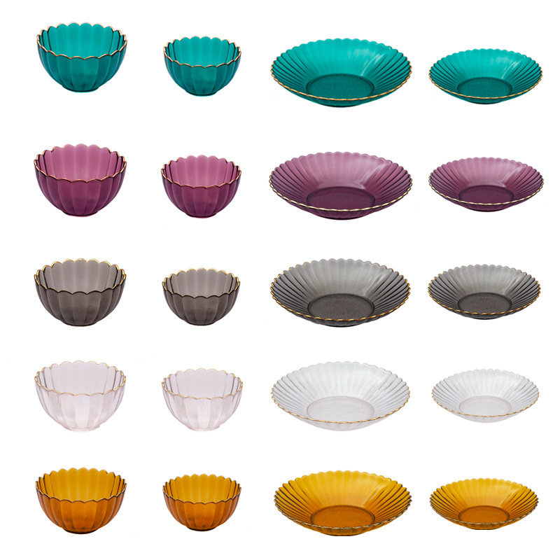 Set din sticlă pentru fructe și boluri pentru salată – rotund, design minimalist modern; diametre 10–11 cm, 13–14 cm și 18–19 cm; sticlă rezistentă la căldură