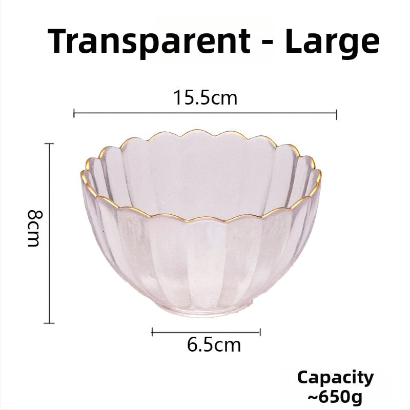 Set din sticlă pentru fructe și boluri pentru salată – rotund, design minimalist modern; diametre 10–11 cm, 13–14 cm și 18–19 cm; sticlă rezistentă la căldură