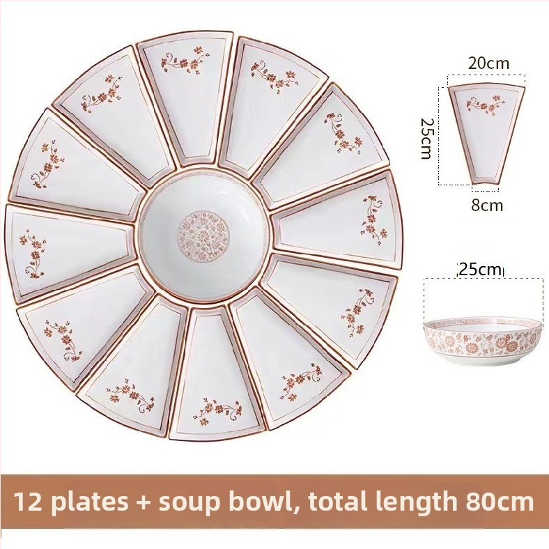 Ovalni porcelanski set posuđa - kineski stil, jednobojni uzorak, završna sprej boja, nepravilni tanjuri