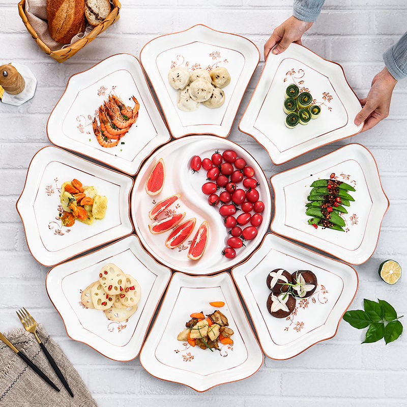 Ovalni porcelanski set posuđa - kineski stil, jednobojni uzorak, završna sprej boja, nepravilni tanjuri