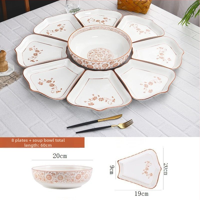 Ovalni porcelanski set posuđa - kineski stil, jednobojni uzorak, završna sprej boja, nepravilni tanjuri