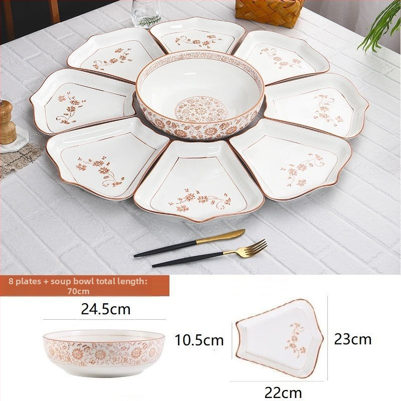 Ovalni porcelanski set posuđa - kineski stil, jednobojni uzorak, završna sprej boja, nepravilni tanjuri