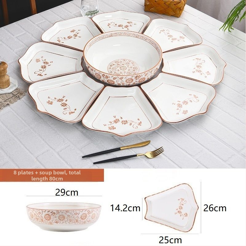 Ovalni porcelanski set posuđa - kineski stil, jednobojni uzorak, završna sprej boja, nepravilni tanjuri