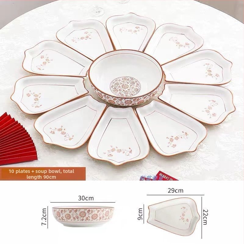 Ovalni porcelanski set posuđa - kineski stil, jednobojni uzorak, završna sprej boja, nepravilni tanjuri