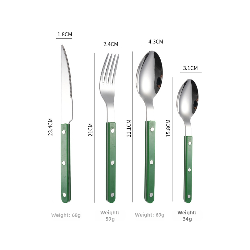 Sada príborov z 304 nerezovej ocele: nôž, vidlička a lyžica s rivetovanou rúčkou, moderný a jednoduchý štýl, zrkadlové leštenie