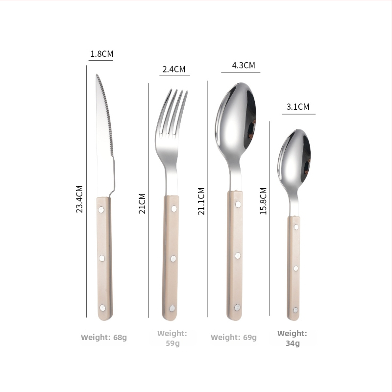 Sada príborov z 304 nerezovej ocele: nôž, vidlička a lyžica s rivetovanou rúčkou, moderný a jednoduchý štýl, zrkadlové leštenie