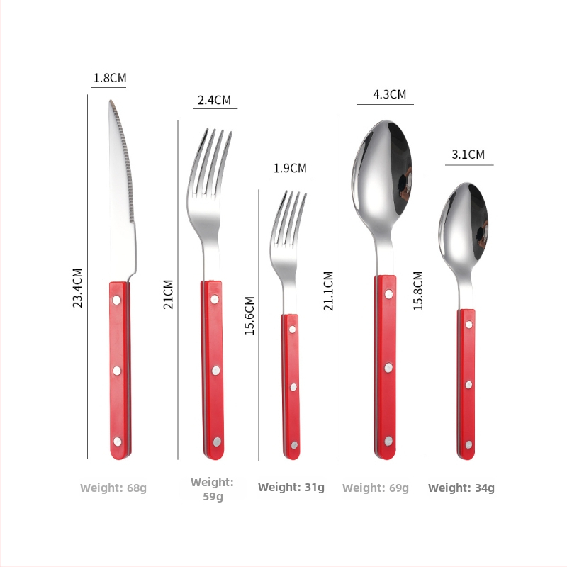 Sada príborov z 304 nerezovej ocele: nôž, vidlička a lyžica s rivetovanou rúčkou, moderný a jednoduchý štýl, zrkadlové leštenie