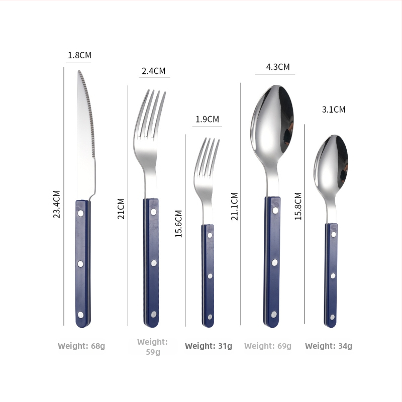 Sada príborov z 304 nerezovej ocele: nôž, vidlička a lyžica s rivetovanou rúčkou, moderný a jednoduchý štýl, zrkadlové leštenie