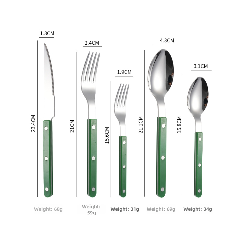 Sada príborov z 304 nerezovej ocele: nôž, vidlička a lyžica s rivetovanou rúčkou, moderný a jednoduchý štýl, zrkadlové leštenie