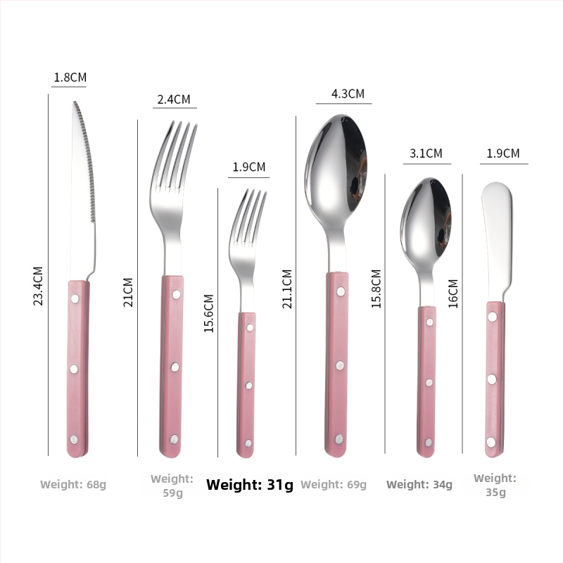 Sada príborov z 304 nerezovej ocele: nôž, vidlička a lyžica s rivetovanou rúčkou, moderný a jednoduchý štýl, zrkadlové leštenie