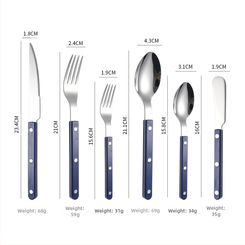 Sada príborov z 304 nerezovej ocele: nôž, vidlička a lyžica s rivetovanou rúčkou, moderný a jednoduchý štýl, zrkadlové leštenie