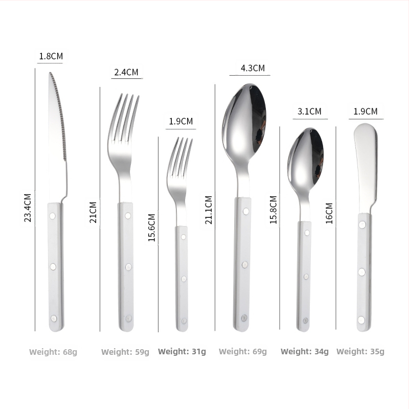 Sada príborov z 304 nerezovej ocele: nôž, vidlička a lyžica s rivetovanou rúčkou, moderný a jednoduchý štýl, zrkadlové leštenie