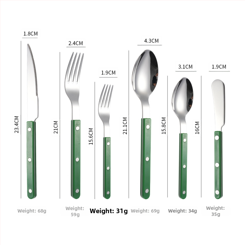 Sada príborov z 304 nerezovej ocele: nôž, vidlička a lyžica s rivetovanou rúčkou, moderný a jednoduchý štýl, zrkadlové leštenie