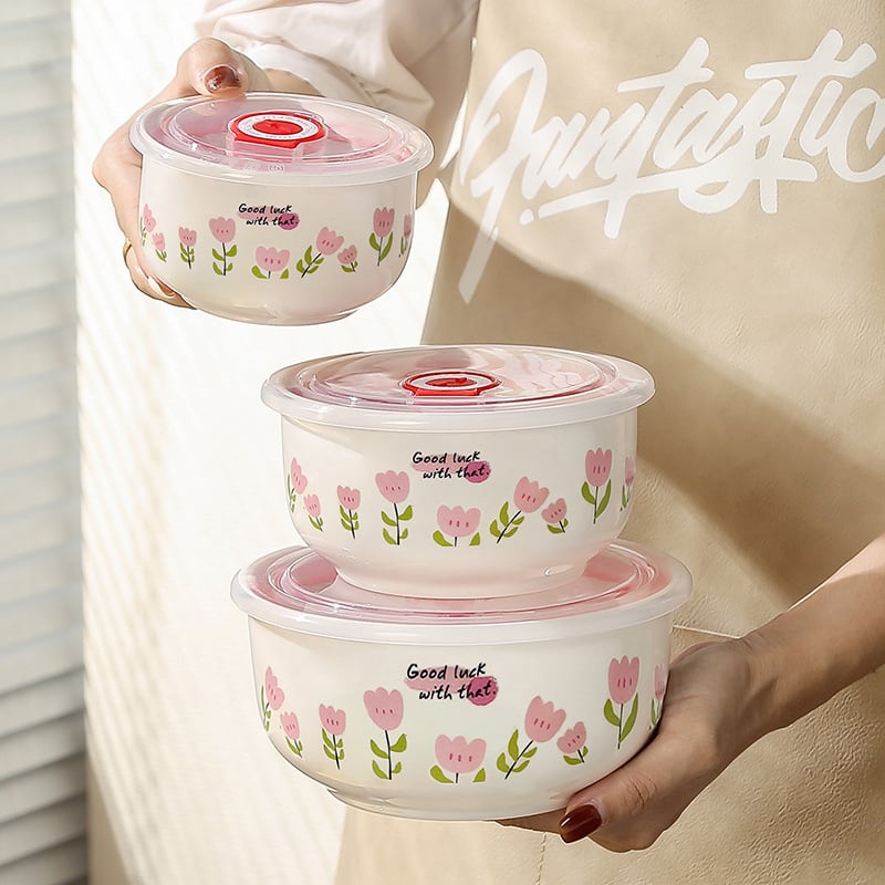 Keramička zdjela za očuvanje svježine hrane, okrugli oblik, mikrovalna kompatibilnost, cvjetni uzorak, kapacitet 501-800 ml