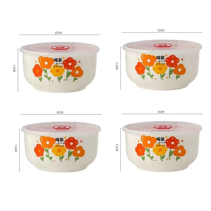Keramička zdjela za očuvanje svježine hrane, okrugli oblik, mikrovalna kompatibilnost, cvjetni uzorak, kapacitet 501-800 ml