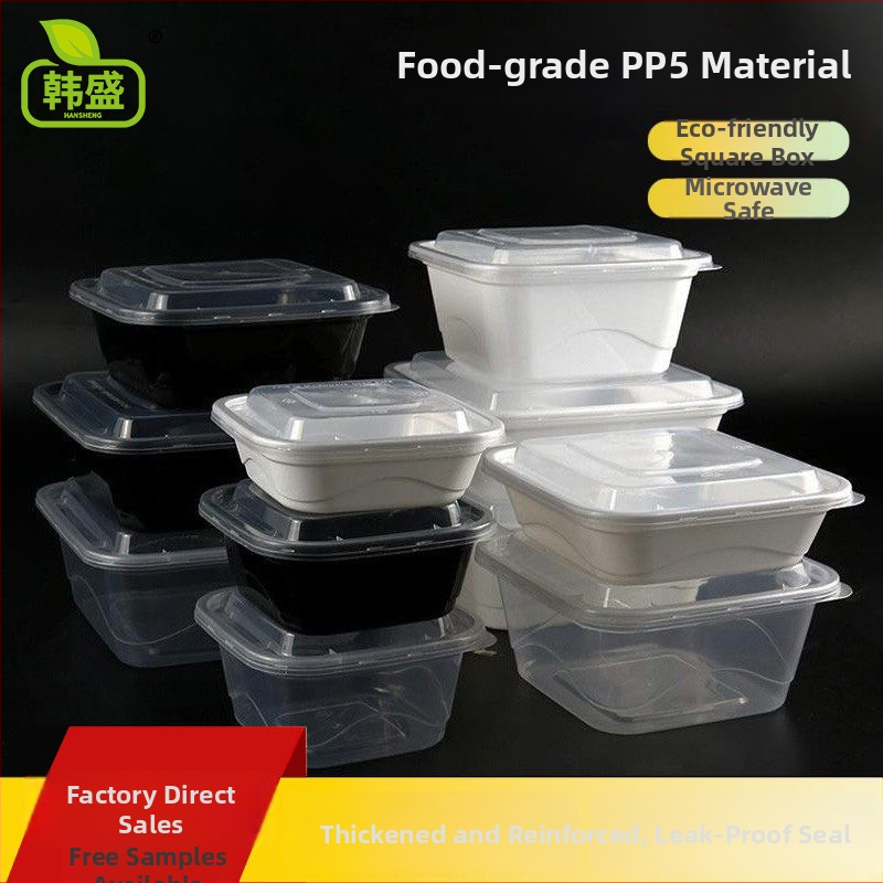 Négyszögletes egyszer használatos gyümölcssaláta ebédes doboz, vastag PP műanyag, mikrohullámú sütőben használható, nyomtatott logó, testreszabás elérhető, csomagolás 150 vagy 300 készlet