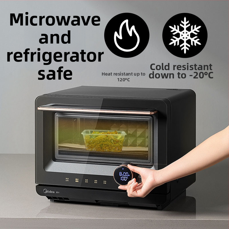 Négyszögletes egyszer használatos gyümölcssaláta ebédes doboz, vastag PP műanyag, mikrohullámú sütőben használható, nyomtatott logó, testreszabás elérhető, csomagolás 150 vagy 300 készlet