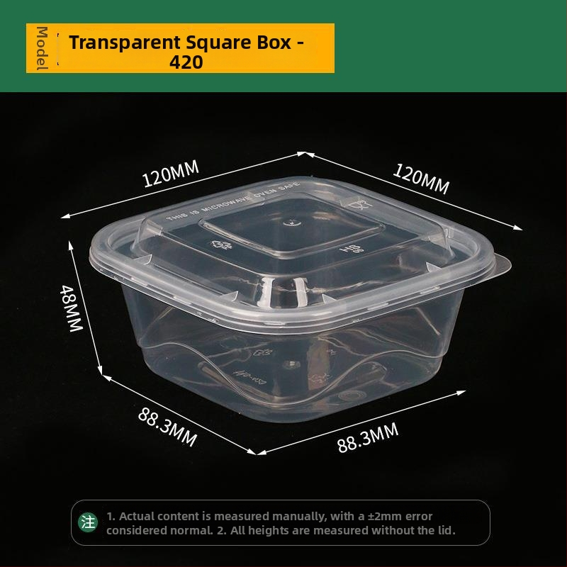 Négyszögletes egyszer használatos gyümölcssaláta ebédes doboz, vastag PP műanyag, mikrohullámú sütőben használható, nyomtatott logó, testreszabás elérhető, csomagolás 150 vagy 300 készlet