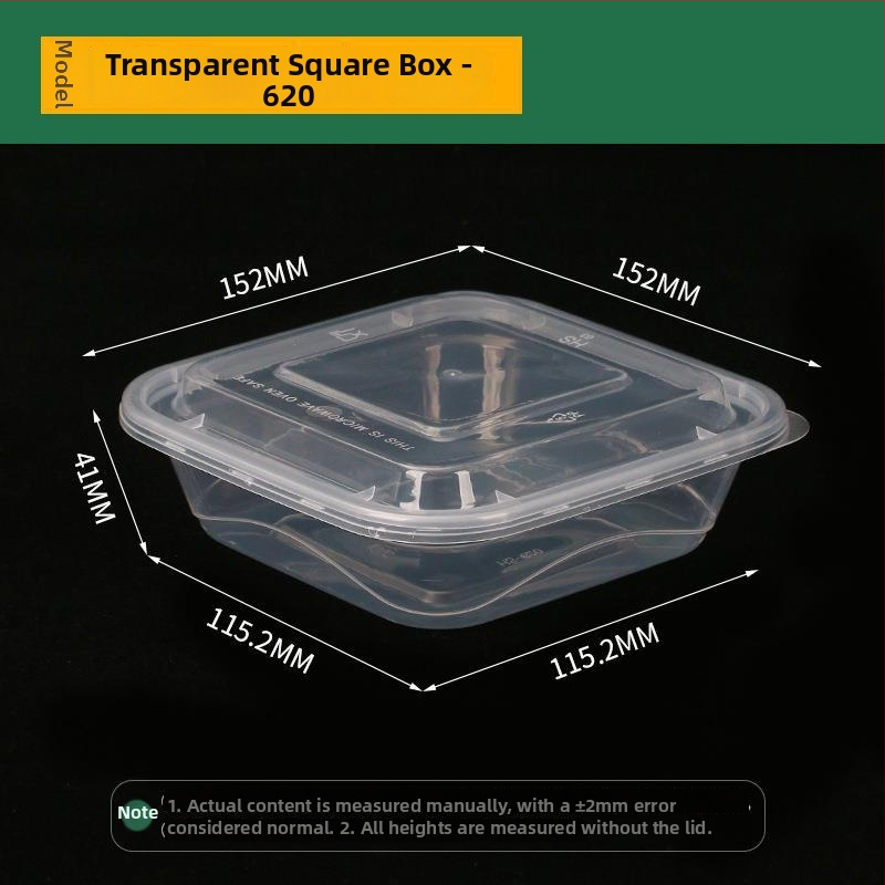 Négyszögletes egyszer használatos gyümölcssaláta ebédes doboz, vastag PP műanyag, mikrohullámú sütőben használható, nyomtatott logó, testreszabás elérhető, csomagolás 150 vagy 300 készlet