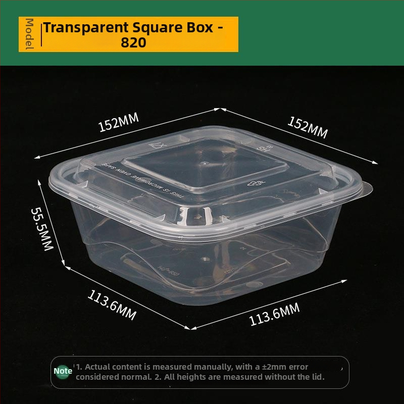 Négyszögletes egyszer használatos gyümölcssaláta ebédes doboz, vastag PP műanyag, mikrohullámú sütőben használható, nyomtatott logó, testreszabás elérhető, csomagolás 150 vagy 300 készlet