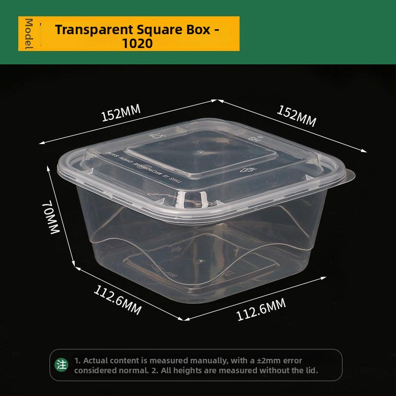 Négyszögletes egyszer használatos gyümölcssaláta ebédes doboz, vastag PP műanyag, mikrohullámú sütőben használható, nyomtatott logó, testreszabás elérhető, csomagolás 150 vagy 300 készlet