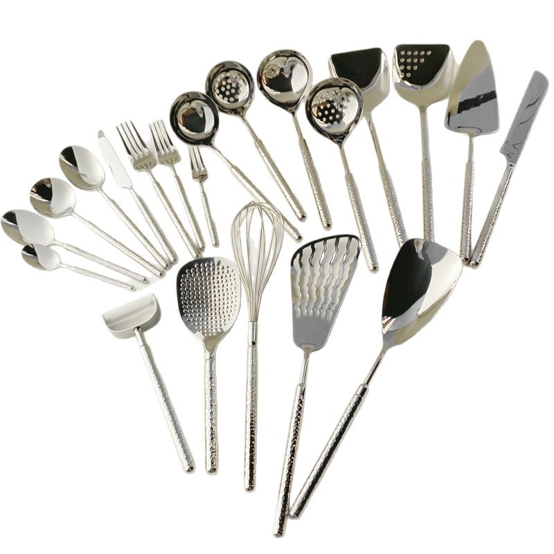 Σετ μαχαιροπίρουνα από ανοξείδωτο 304: μαχαίρι, πιρούνι και κουτάλι με λαβή χτυπητή σε σχήμα κυκλικού διαμαντιού, καθρέπτινο φινίρισμα, μινιμαλιστικό μοντέρνο στυλ