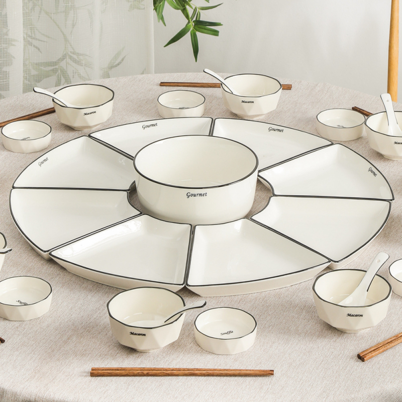 Porcelanski set tanjura za obiteljska okupljanja, kineski stil, nepravilan oblik, jednobojni uzorak, pogodna za mikrovalnu pećnicu