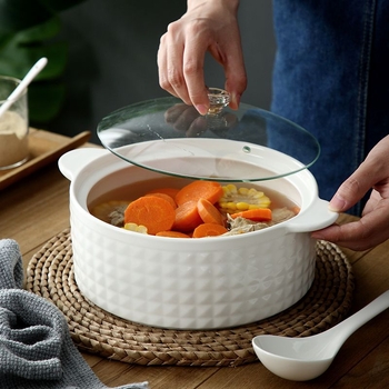 Vas de supă din porțelan cu capac, stil japonez, formă rotundă, mânere duble