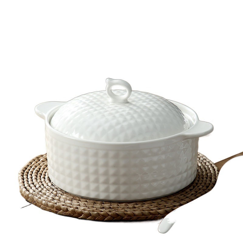 Vas de supă din porțelan cu capac, stil japonez, formă rotundă, mânere duble