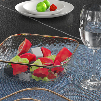 Γυάλινο μπολ σαλάτας και φρούτων με υφή χτυπήματος και μεταλλικό χείλος, θερμοανθεκτικό, διαφανές για οικιακή χρήση