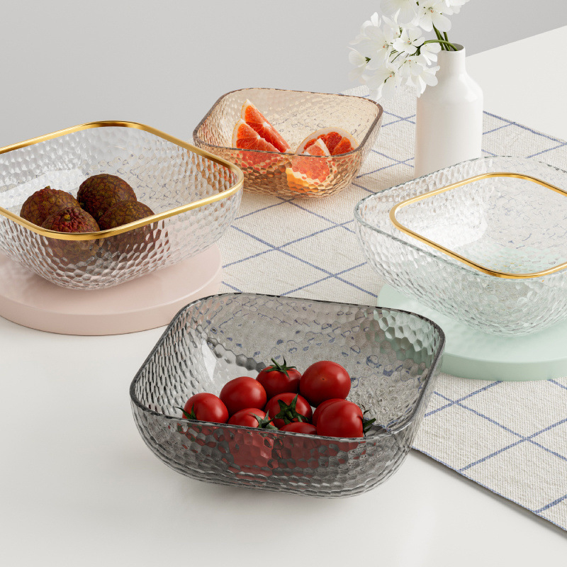 Γυάλινο μπολ σαλάτας και φρούτων με υφή χτυπήματος και μεταλλικό χείλος, θερμοανθεκτικό, διαφανές για οικιακή χρήση