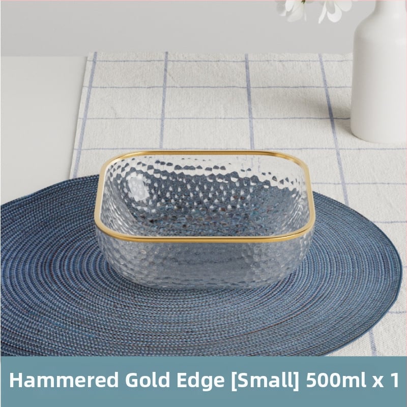 Γυάλινο μπολ σαλάτας και φρούτων με υφή χτυπήματος και μεταλλικό χείλος, θερμοανθεκτικό, διαφανές για οικιακή χρήση