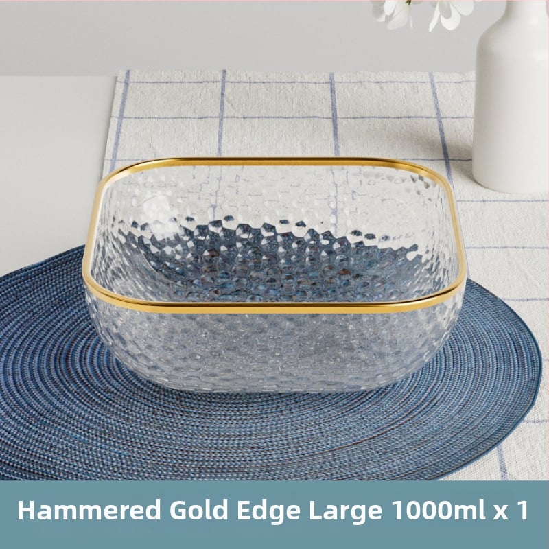 Γυάλινο μπολ σαλάτας και φρούτων με υφή χτυπήματος και μεταλλικό χείλος, θερμοανθεκτικό, διαφανές για οικιακή χρήση