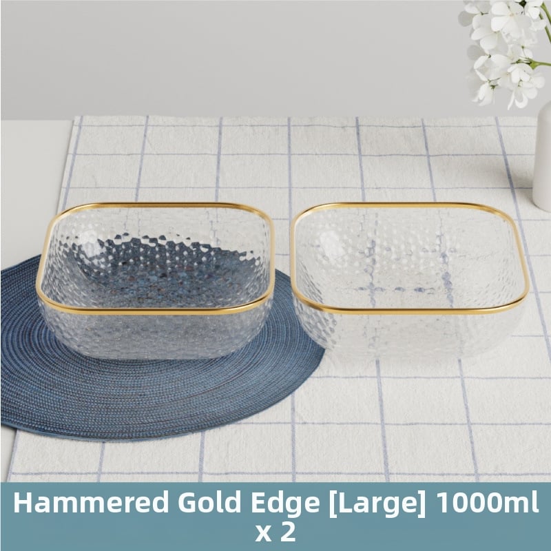 Γυάλινο μπολ σαλάτας και φρούτων με υφή χτυπήματος και μεταλλικό χείλος, θερμοανθεκτικό, διαφανές για οικιακή χρήση