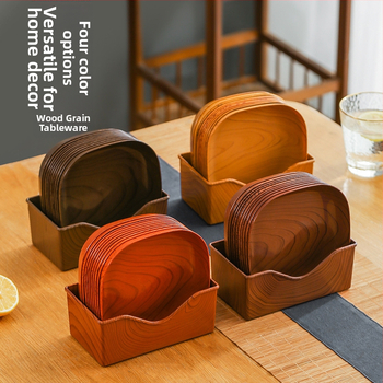 Műanyag négyzet alakú snack-tál fa textúrával, japán stílus, fényes mázolt felület