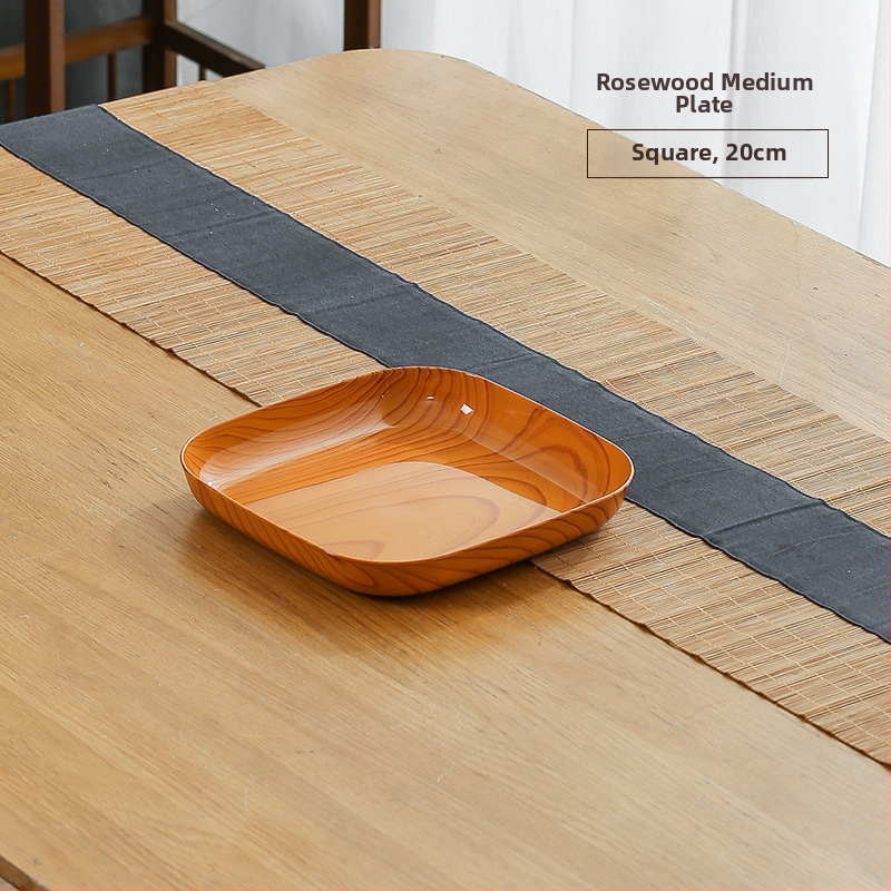 Műanyag négyzet alakú snack-tál fa textúrával, japán stílus, fényes mázolt felület