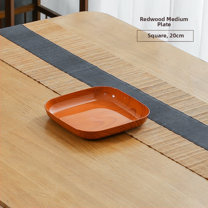 Műanyag négyzet alakú snack-tál fa textúrával, japán stílus, fényes mázolt felület