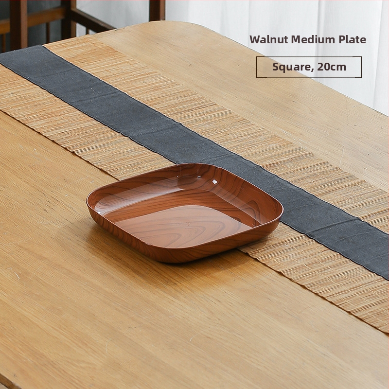 Műanyag négyzet alakú snack-tál fa textúrával, japán stílus, fényes mázolt felület