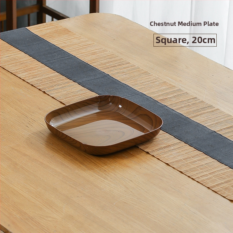 Műanyag négyzet alakú snack-tál fa textúrával, japán stílus, fényes mázolt felület