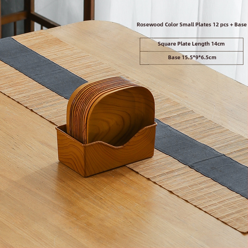 Műanyag négyzet alakú snack-tál fa textúrával, japán stílus, fényes mázolt felület