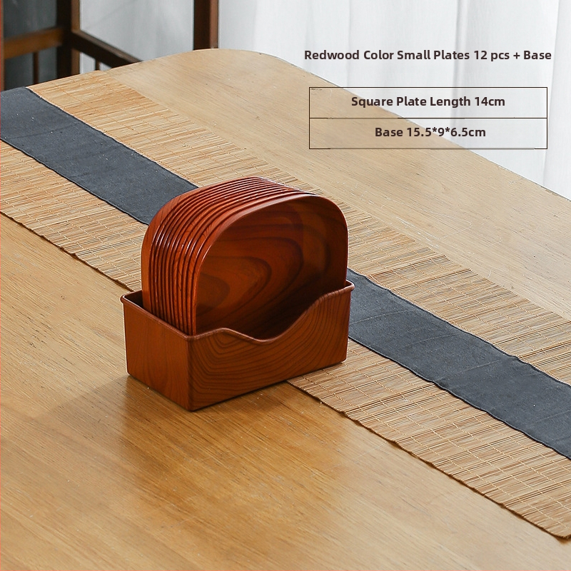 Műanyag négyzet alakú snack-tál fa textúrával, japán stílus, fényes mázolt felület