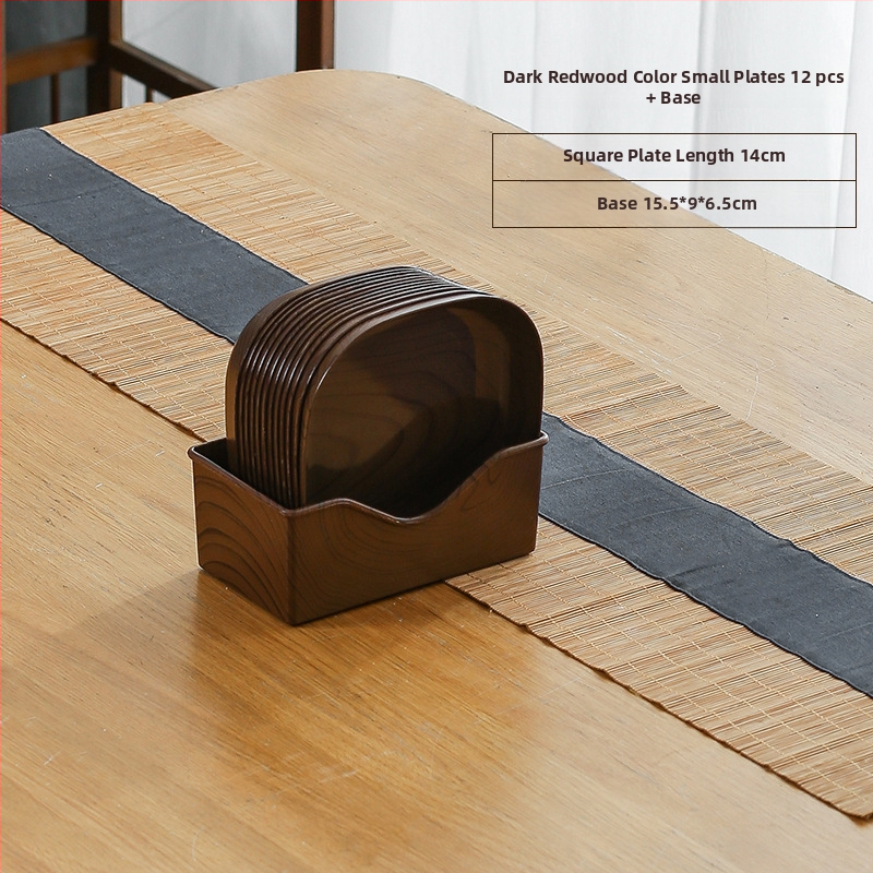 Műanyag négyzet alakú snack-tál fa textúrával, japán stílus, fényes mázolt felület