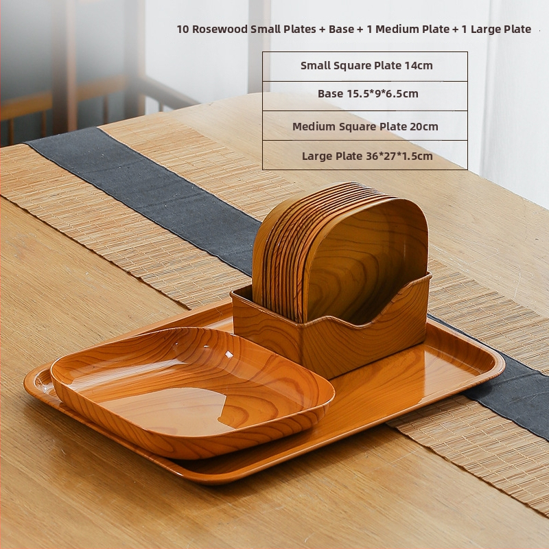 Műanyag négyzet alakú snack-tál fa textúrával, japán stílus, fényes mázolt felület