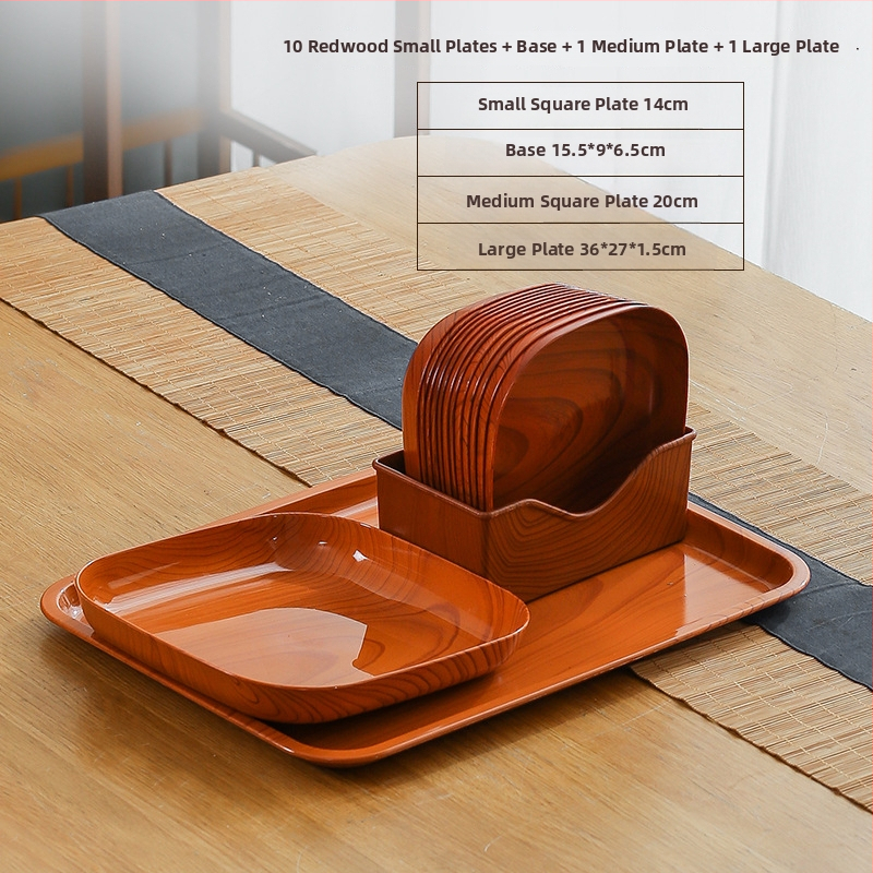 Műanyag négyzet alakú snack-tál fa textúrával, japán stílus, fényes mázolt felület