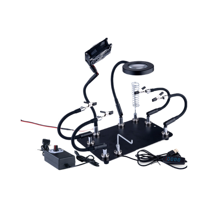 Професионална сваръчна станция със стойка за паялник, лупа, LED светлина, вентилатор за отвеждане на дима и магнитен ремонтен комплект