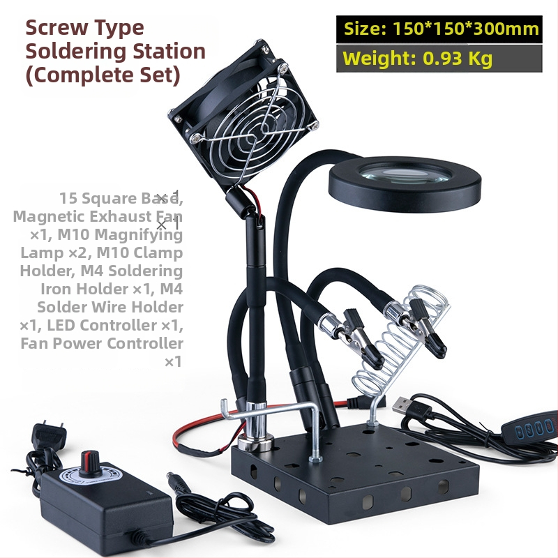 Професионална сваръчна станция със стойка за паялник, лупа, LED светлина, вентилатор за отвеждане на дима и магнитен ремонтен комплект